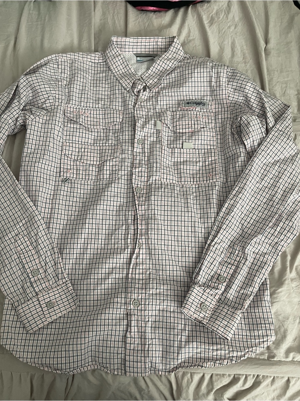 Columbia Men's White Shirt with Navy and Red Plaid